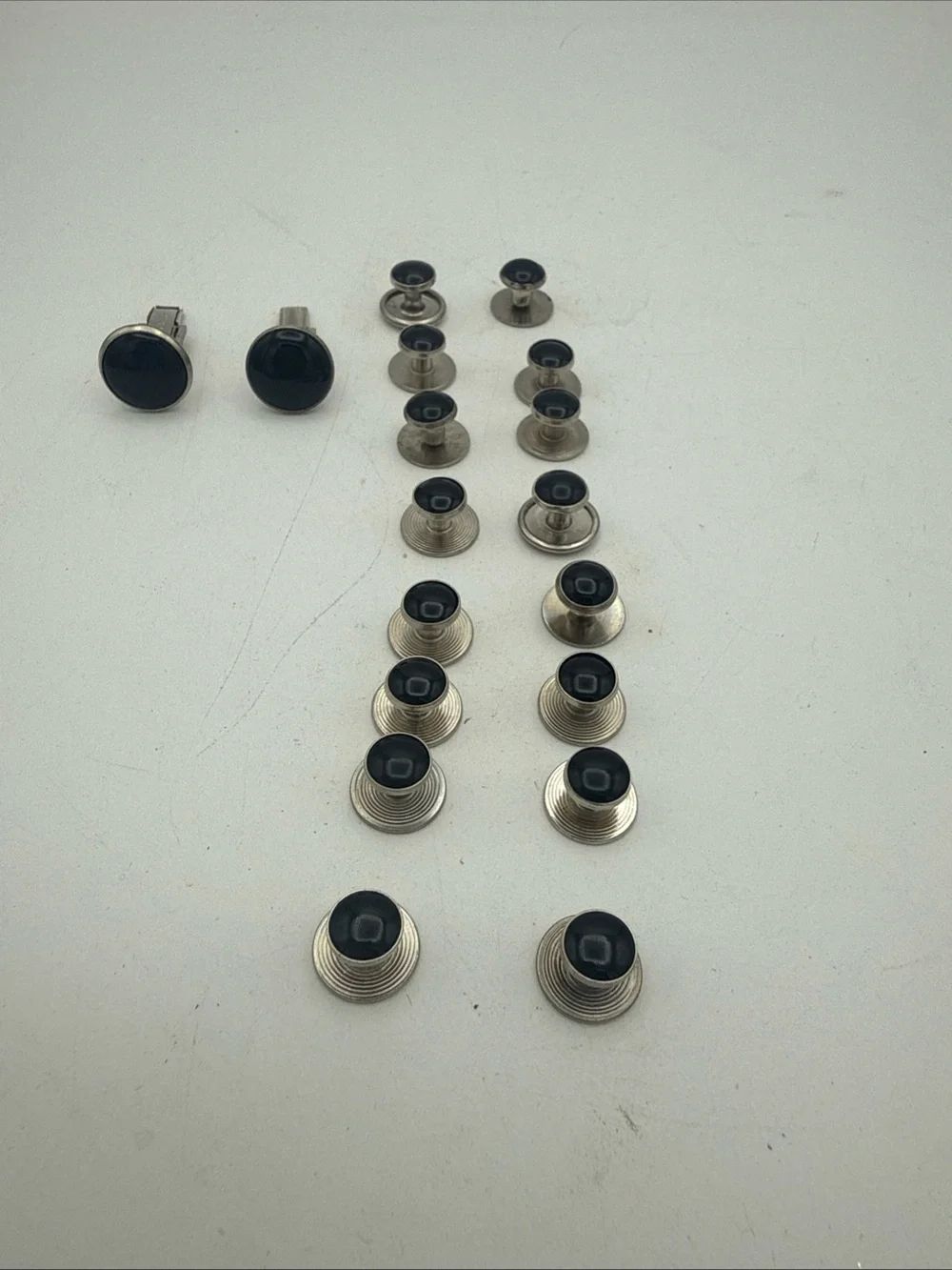 Men's Black /Silvertone Tuxedo suit 16 Button Studs & 2 Cuff Links Wedding Groom